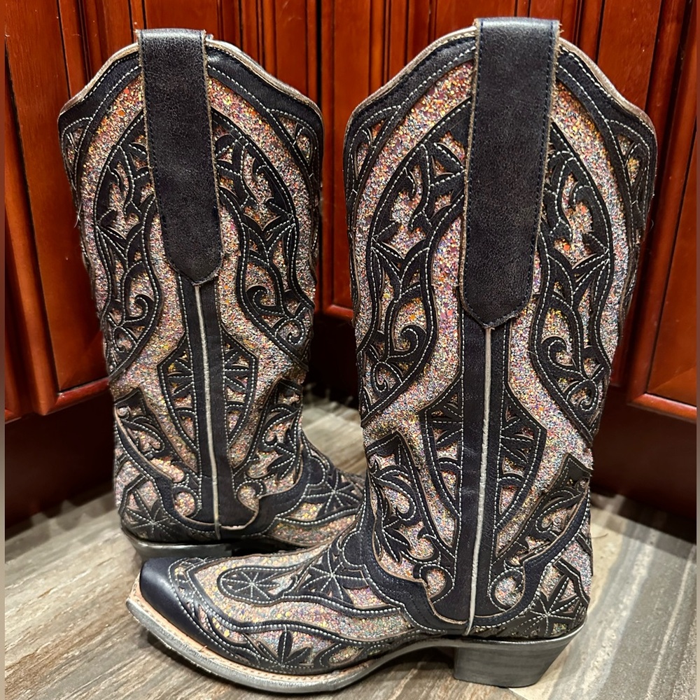 JB Dillon Black Glitter Inlay Sparkle Cowboy Boots Size 7.5 RARE Wedding Cowgirl - Picture 3 of 14